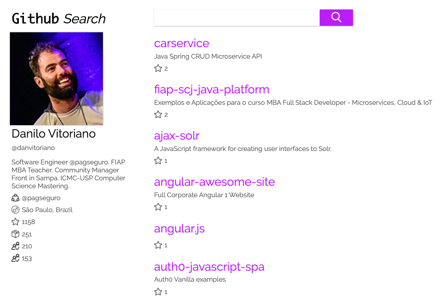 danvitoriano's tweet photo. Interface que simula uma busca de usuários no @github com @GitHubAPI  + #React + #CSSinJS (#Glamor) + #E2E #tests com #CypressIo e #ContinuosIntegration com @CircleCI => https://t.co/PW8TaKX5oc https://t.co/46ijWVt7Ig