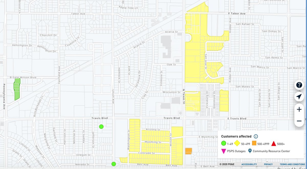 GlenFaison's tweet photo. @PGE4Me outages continue in Fairfield, unrelated to forced #PSPS outages. Current maps from PG&amp;E's outrage page. https://t.co/Qch3nk0t7u