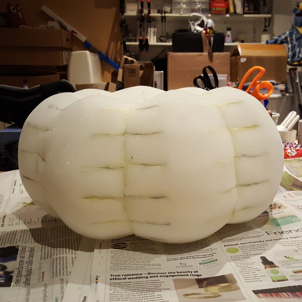 HoldTheFoam's tweet photo. Trying out a pattern for a lumpy segmented pumpkin puppet. Look out for the pattern, I'll post it so we can all make 'em #behindthescenes #puppetfluff #insideoutpuppets #puppetpatterns #puppetpattern #pumpkin #halloween #puppetdesign #puppets #puppet #puppetmaking #BettySpaghetti https://t.co/fm1Ty3aFAd