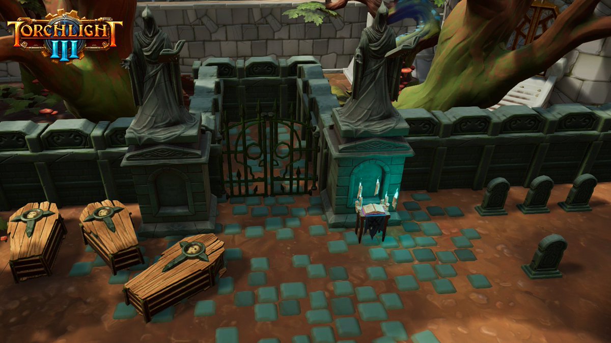 PlayTorchlight's tweet photo. What fort isn't complete without coffins, tombstones, and a proper witch's table? Now you can properly decorate your fort for the spooky season! 🏰⚰️

This update is scheduled to arrive on Wednesday! https://t.co/ONuLVFesWt