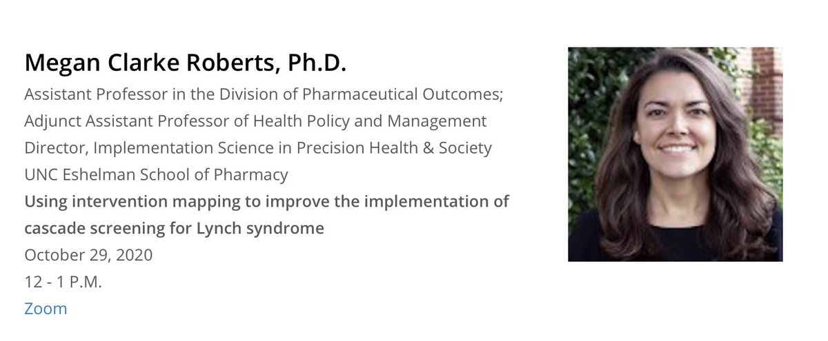 DukePreciseMed's tweet photo. This week's Genomic and Precision Medicine Forum will feature Megan Roberts from @UNCPharmacy! #InterventionMapping #CascadeScreening 

📆 Thursday, October 29 @ noon

🔗 Zoom info &amp; details: https://t.co/fuh5kE3wj0 https://t.co/oKGl6anynW