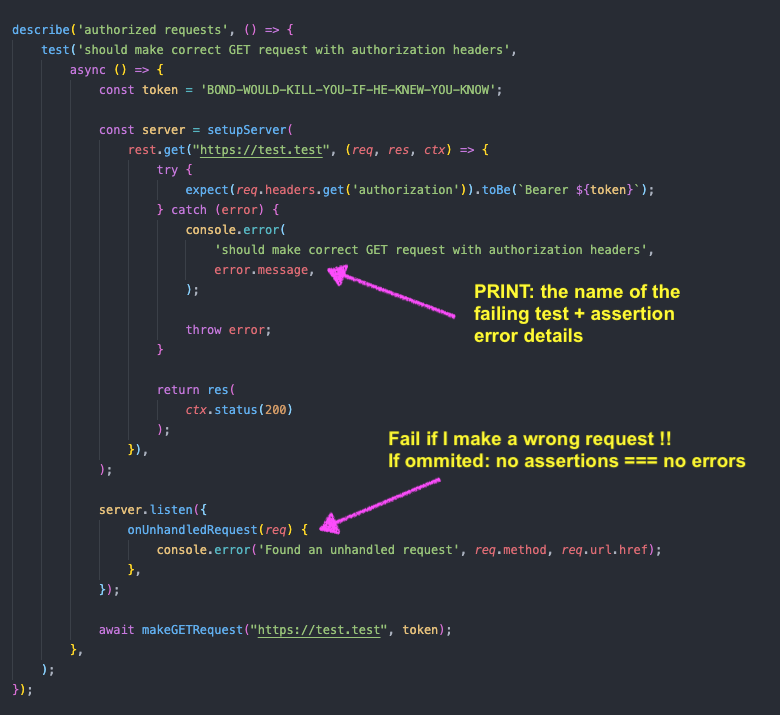 KamilWolny's tweet photo. I love using @ApiMocking! When I need to test if my HTTP requests are correct I use this pattern. It gives me the exact reason why my test failed and make sure my assertions are executed. #javascript #jest #testing #webdev #codequality #coding #love2code #js https://t.co/rc71r70F7w