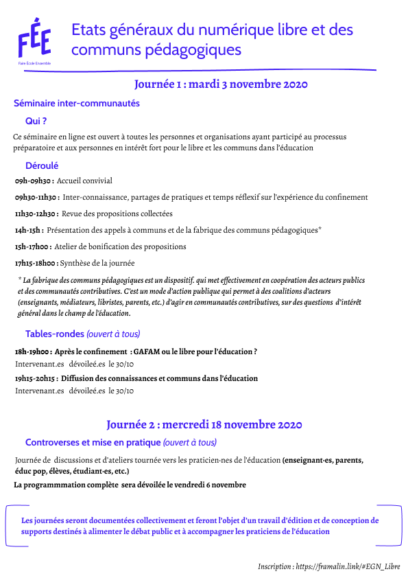 📣 Le programme de la première journée des #EGN_Libre est disponible.  
📖 9h-18h : séminaire inter-communautés (éducation, éducation populaire et numérique) 
🤓 18h-20h  : tables-rondes ouvertes à tous. Les intervenant.e.s  seront dévoilés le 30/10
 🔎 Le programme détaillé 🔽