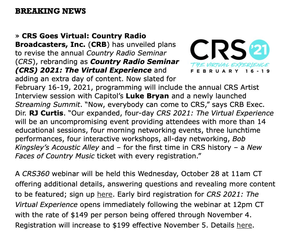 CRS 2021: The Virtual Experience is coming in February!

Early Bird Registration for <a href="/CRSofficial/">CRS</a> 2021 will open on October 28 at Noon CT; all registrations include access to the 2021 “New Faces of Country Music® Show”. #CRS #CRS20201

Register today at countryradioseminar.com!