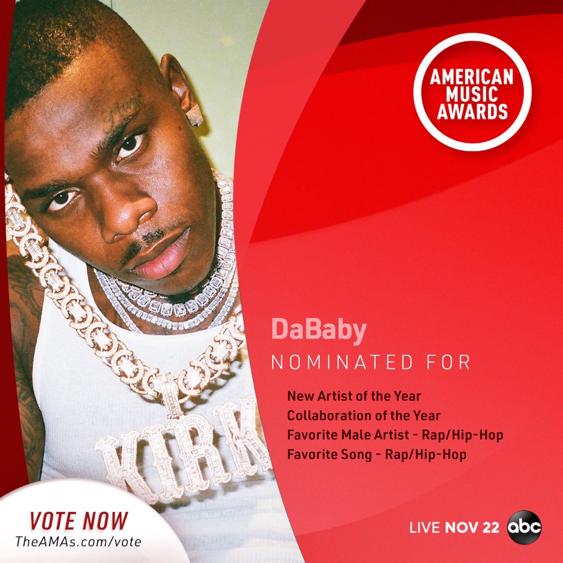 DaBabyDaBaby's tweet photo. 4 NOMINATIONS for the 2020 #AMAs 💪🏾
Go to https://t.co/y4Oo5tdyYw to vote. https://t.co/JXR6kXAnGx