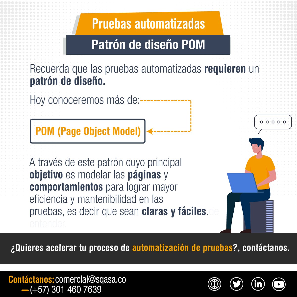 SQA_SA's tweet image. Recuerda que las pruebas automatizadas requieren un patrón de diseño⚙️
Aquí te explicamos más sobre el POM (Page Object Model) 💡
#sqa #testing #pageobjectmodel #patronesdediseño #software #tester #programar