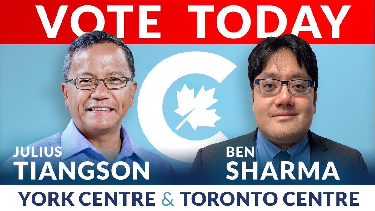 CPC_HQ's tweet photo. POLLS ARE OPEN in York Centre and Toronto Centre!

Our candidates @votejulius and Ben Sharma are ready to join our Conservative team in Ottawa and represent hard-working Canadians like you.

🗳️ YORK CENTRE 🗳️
https://t.co/W4Wwizy6Mi
🗳️ TORONTO CENTRE 🗳️
https://t.co/enkDmFSkoG https://t.co/MSgjX52tqG