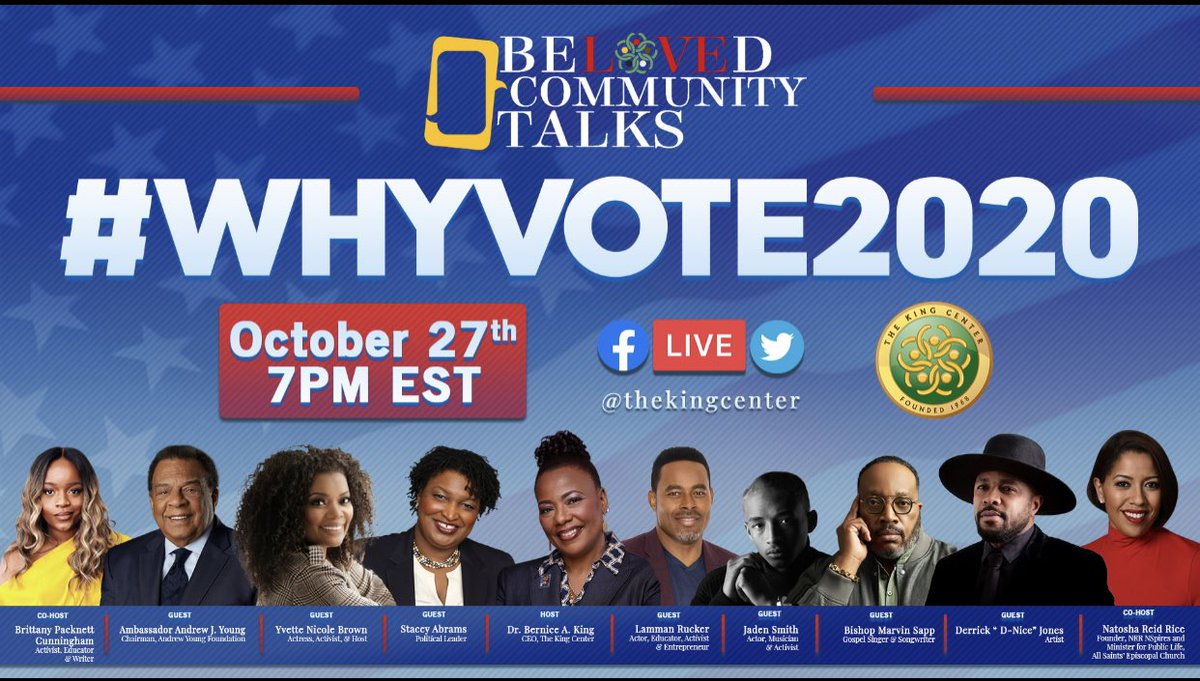 TheKingCenter's tweet photo. Mark your calendar. Join us right here, tomorrow at 7pm ET, for #WHYVOTE2020. Invite friends. Host a watch party. Let’s discuss why our #votes matter. With @AmbAndrewYoung @staceyabrams @jaden @MsPackyetti @YNB @natoshareidrice @LammanRucker @marvinsapp and more. #Vote #Vote2020 https://t.co/3uG36jUPo0