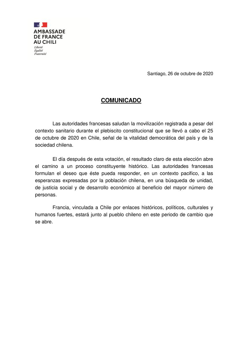 ambafrancecl's tweet photo. Comunicado de les autoridades francesas después del plebiscito constitucional del 25 de octubre de 2020 en Chile https://t.co/l2Vjof49cB