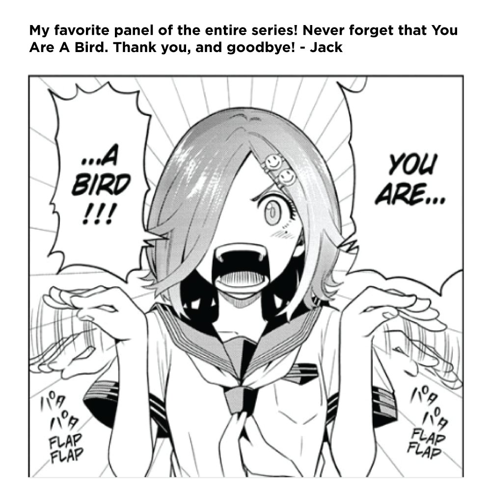 ParadoxTweeter's tweet photo. My favorite panel of the entire series! Never forget that You Are A Bird. Thank you, and goodbye! - Jack

#TimeParadoxGhostwriter #TPGW https://t.co/CKihSqhLN2