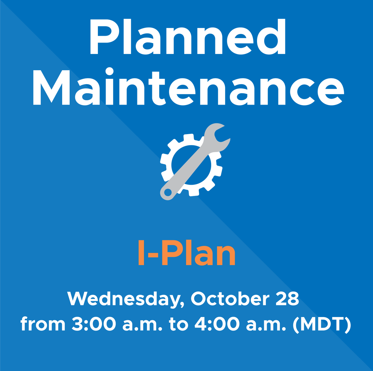 byui_it's tweet photo. On Wednesday, October 28 from 3:00 a.m. to 4:00 a.m. (MDT), I-Plan will be unavailable due to maintenance. During this time, I-Plan, including the Grad Planner and the Internship and Academic Advising tabs, will be inaccessible. Thank you for your patience. #ITBYUI #byui #iplan https://t.co/z7EIzYqmco