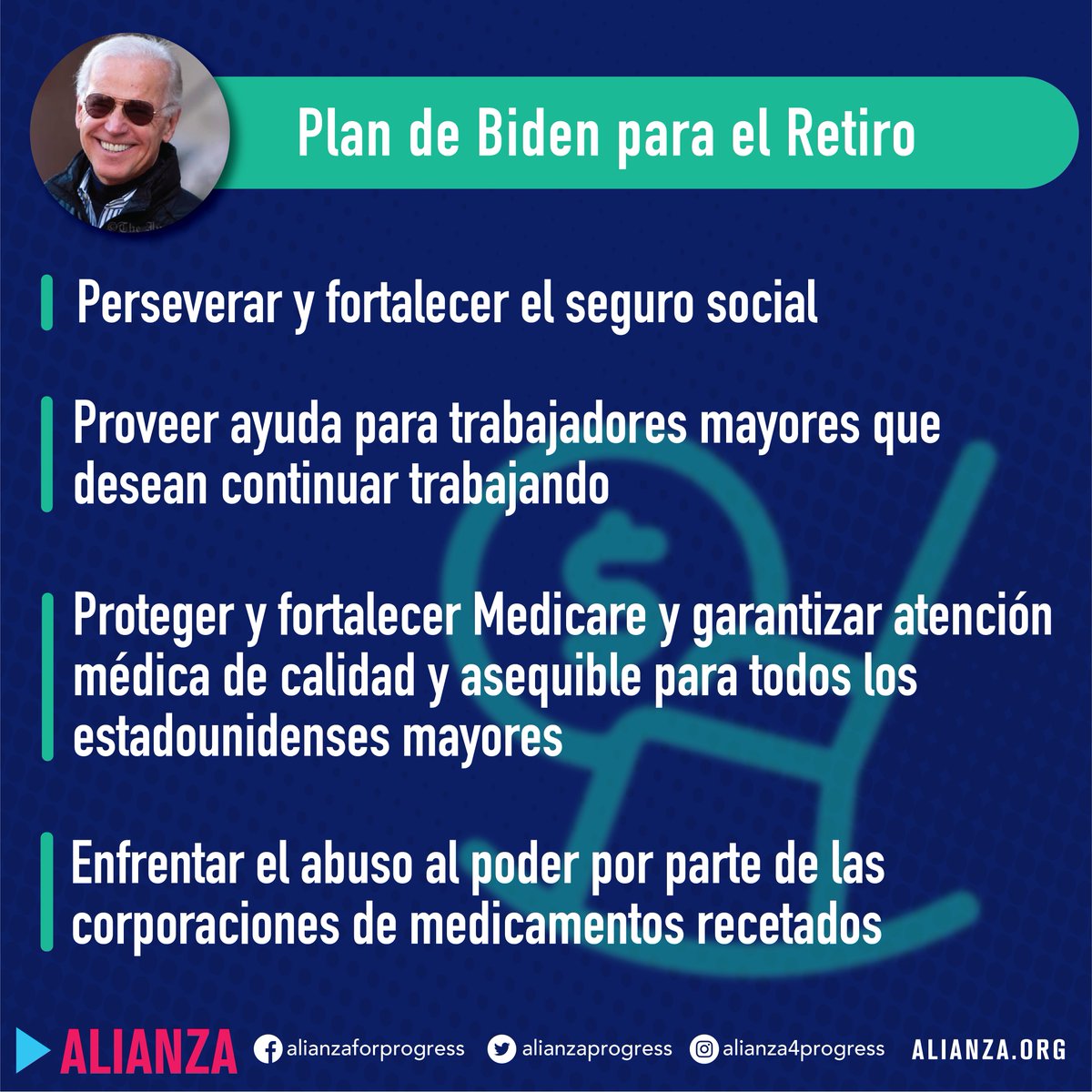 AlianzaProgress's tweet photo. Necesitamos un mejor plan para los retirados así que tenemos que elegir un líder que se preocupe por ellos. Joe Biden tiene un plan. https://t.co/zZIaHYp9xJ