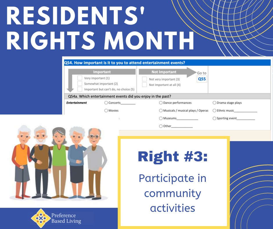 PrefBasedLiving's tweet photo. Independent choice and the ability to participate in community activities is often important for residents and another right we are addressing during #ResidentsRightMonth! #StandForQuality #personcenteredcare #HealthCareQuality https://t.co/mCTqSaPROp