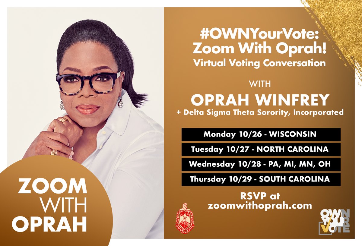 Election Day is almost here! <a href="/dstinc1913/">dstinc1913</a> will be joining <a href="/Oprah/">Oprah Winfrey</a> &amp; <a href="/OWNTV/">Oprah Winfrey Network</a> LIVE on Zoom to talk all things voting throughout the week. There will be a special town hall discussion each night in several key states. Register here: zoomwithoprah.com. #OWNYourVote #DST1913