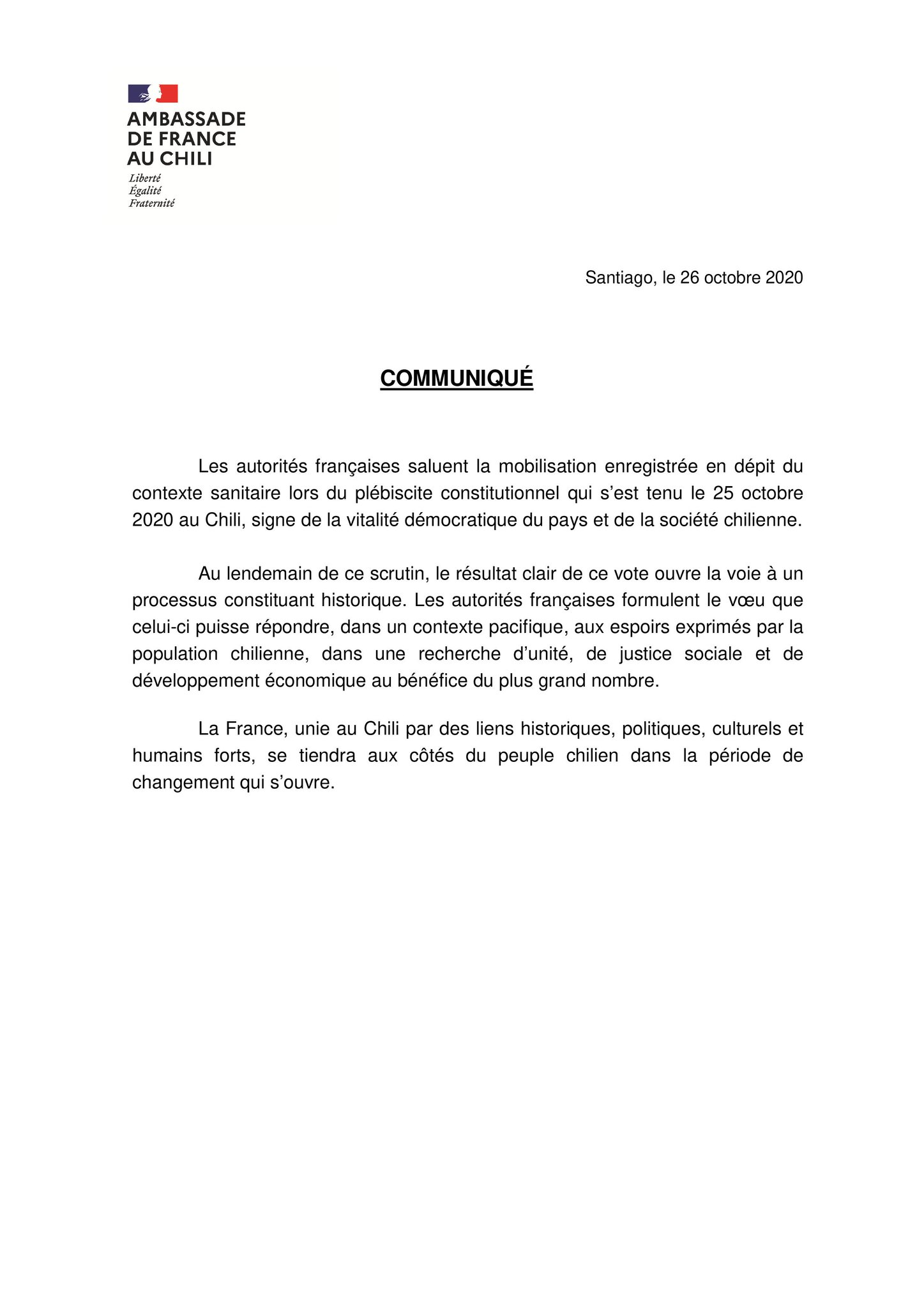 La France Au Chili On Twitter Communique Des Autorites Francaises Apres Le Plebiscite Constitutionnel Du 25 Octobre 2020 Au Chili