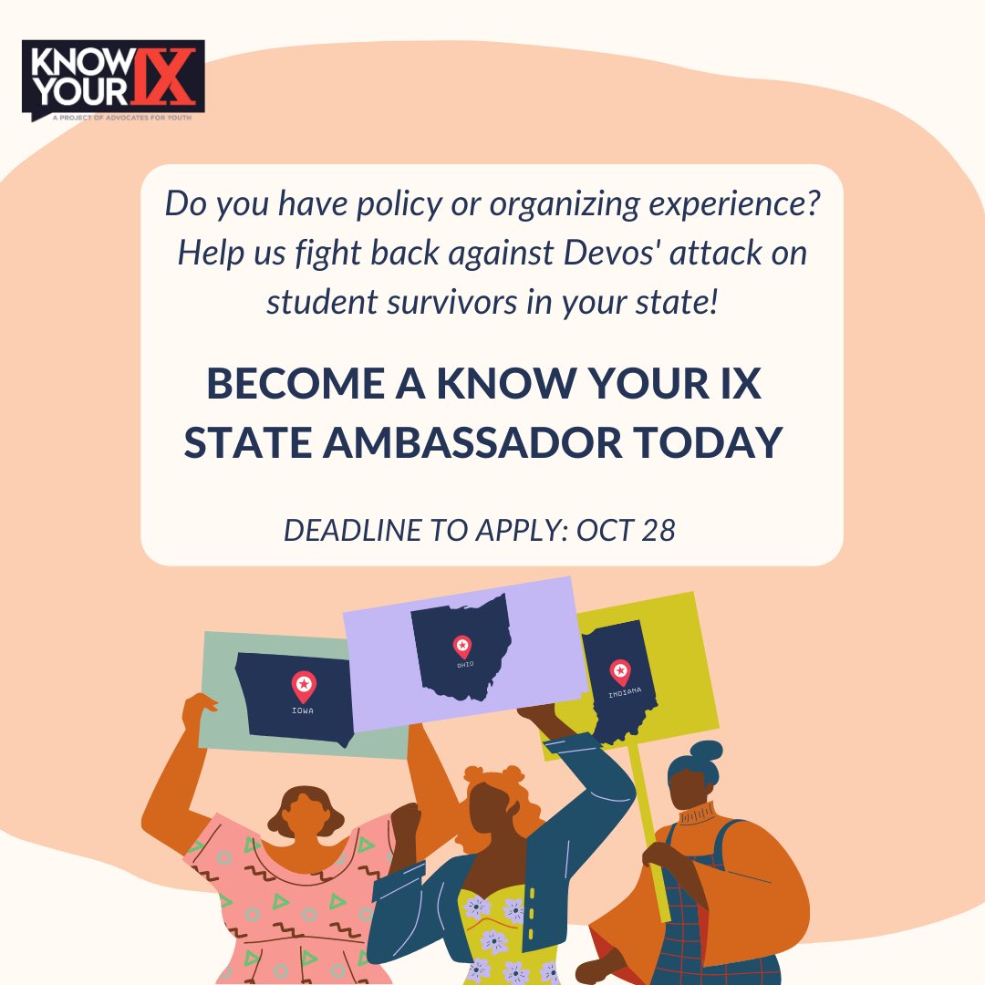 knowyourIX's tweet photo. We can still mitigate the harm from DeVos’ rule at the state and campus levels — but we need your help. Apply  to join our State Ambassador program today! https://t.co/P2KogRwbT6 https://t.co/vmTBGMExbu