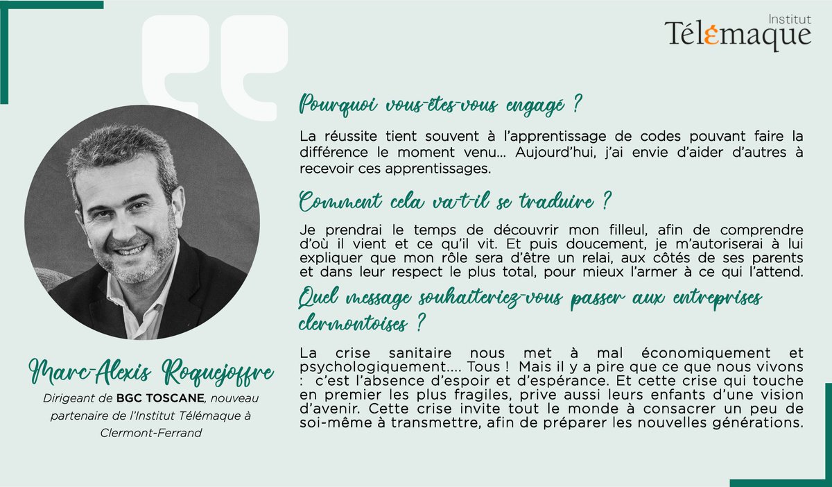 L’Institut Télémaque a l’honneur de vous annoncer son nouveau partenariat avec BGC Toscane, qui s’inscrit aux côtés de 44 partenaires en Auvergne-Rhône-Alpes! Merci à <a href="/MA_Roquejoffre/">Marc-Alexis Roquejoffre</a> dirigeant de BGC Toscane, qui s’engage aussi en tant que tuteur d’un filleul Télémaque!