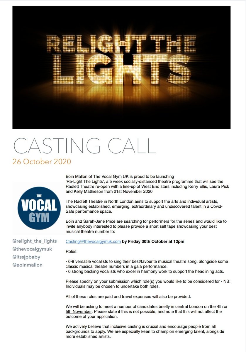 itssjpbaby's tweet photo. ITS A CASTING CALL BABY!

@thevocalgymuk is launching
'Re-Light The Lights' at The Radlett Theatre.

Paid gigs for wonderful performers. 
Please do get in touch and share.
We can't wait to hear from you!
#casting #theatre https://t.co/4NMNyROgnc