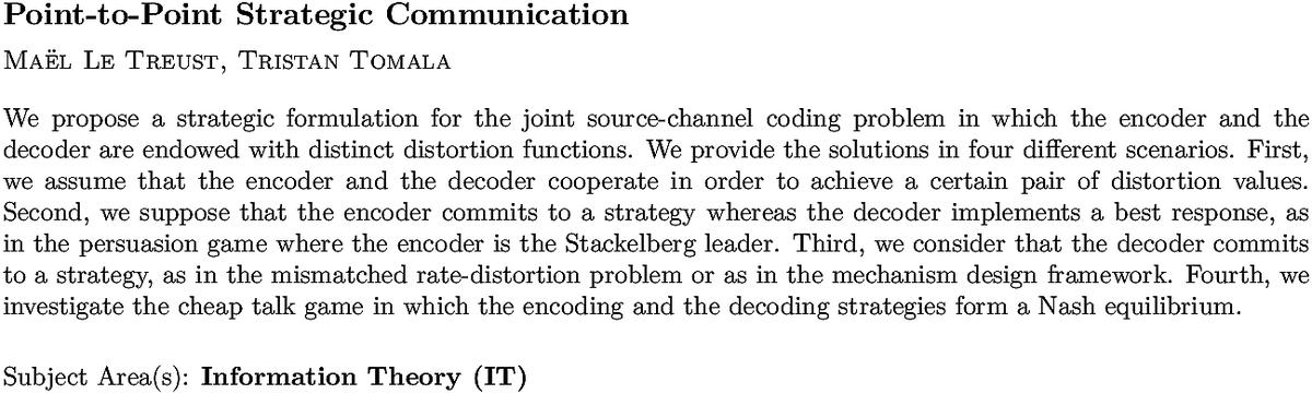 arxiv.org/abs/2010.12480…
M L Treust, T Tomala
Point-to-Point Strategic Communication