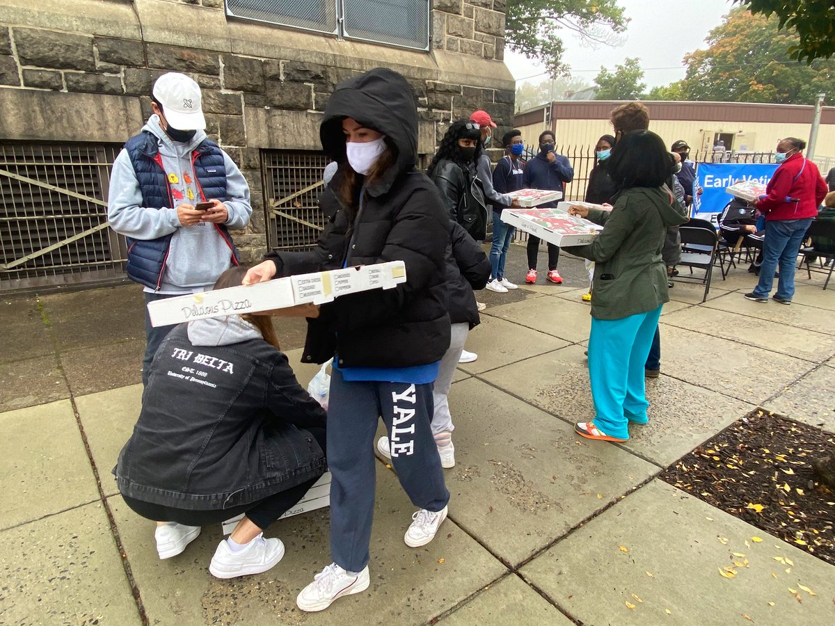 Andrew Crane-Droesch, 39, of West Philly, had been in line for awhile and was getting hungry. He reported a line online to  @PizzaToThePolls and they just delivered a bunch of pizzas. Turns out wasn't the only hungry voter.