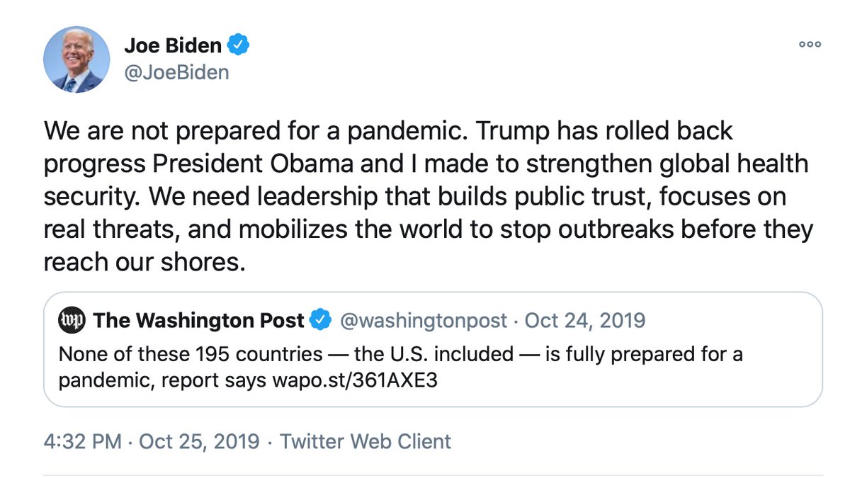 Chances are you've already seen this tweet. It's gone viral many times. Back in October, months before we knew about COVID, Biden pointed out we're not prepared for a pandemic. He was absolutely right. But I also wondered to myself: what did Trump tweet that day? (thread)