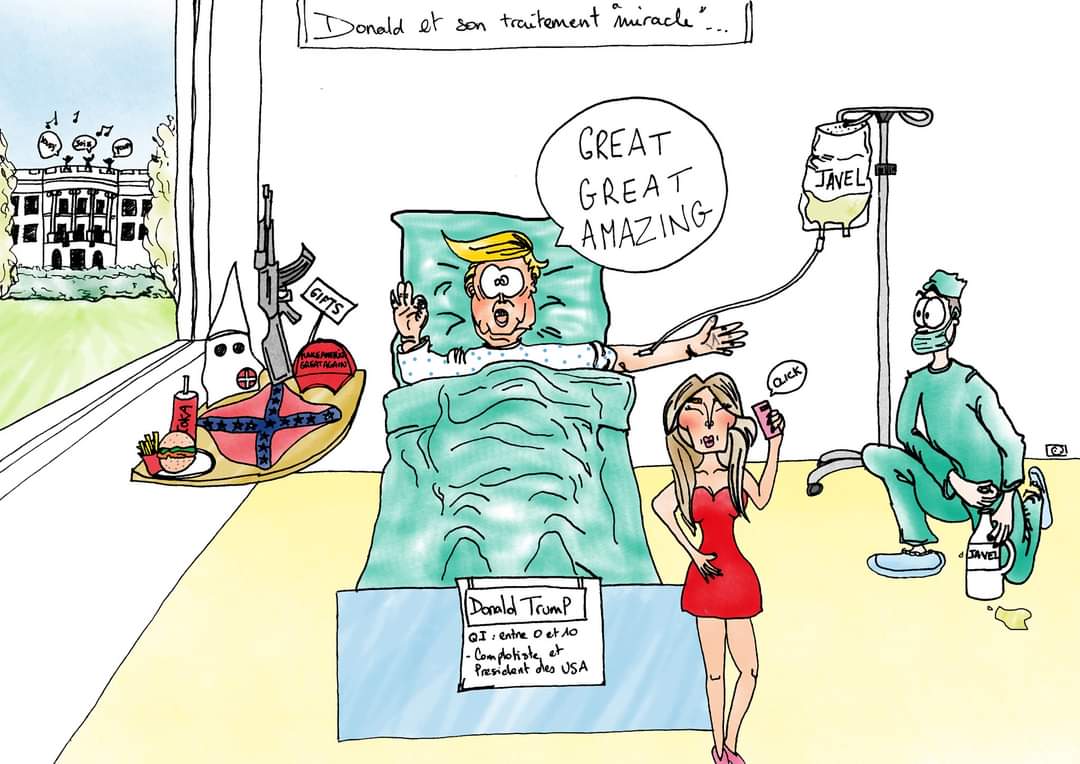 BidulesLes's tweet photo. Donald et son traitement "miracle". Suivez moi insta @les_bidules_stories et sur Facebook 
#DonaldTrump #COVID19 #virus #MelaniaTrump #javel #dessin #MAISONBLANCHE #Great #amazing #Traitement #photoshop #staedtler #promarker https://t.co/SpN9vOcSSk