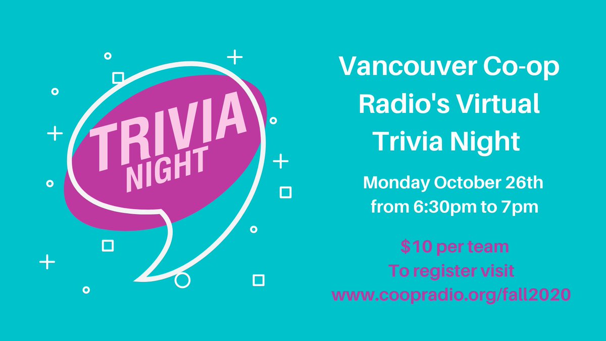 Looking for something to do tonight?😀
Join @coopradio for a fun virtual trivia night, 6:30-7pm. Test out your general knowledge, local music expertise and Co-op Radio knowledge! Register by visiting https://t.co/lEFiBWFFmv
#coopradio #vancouver #supportlocal #yvr #trivia #win https://t.co/N7Xku4Ba4g