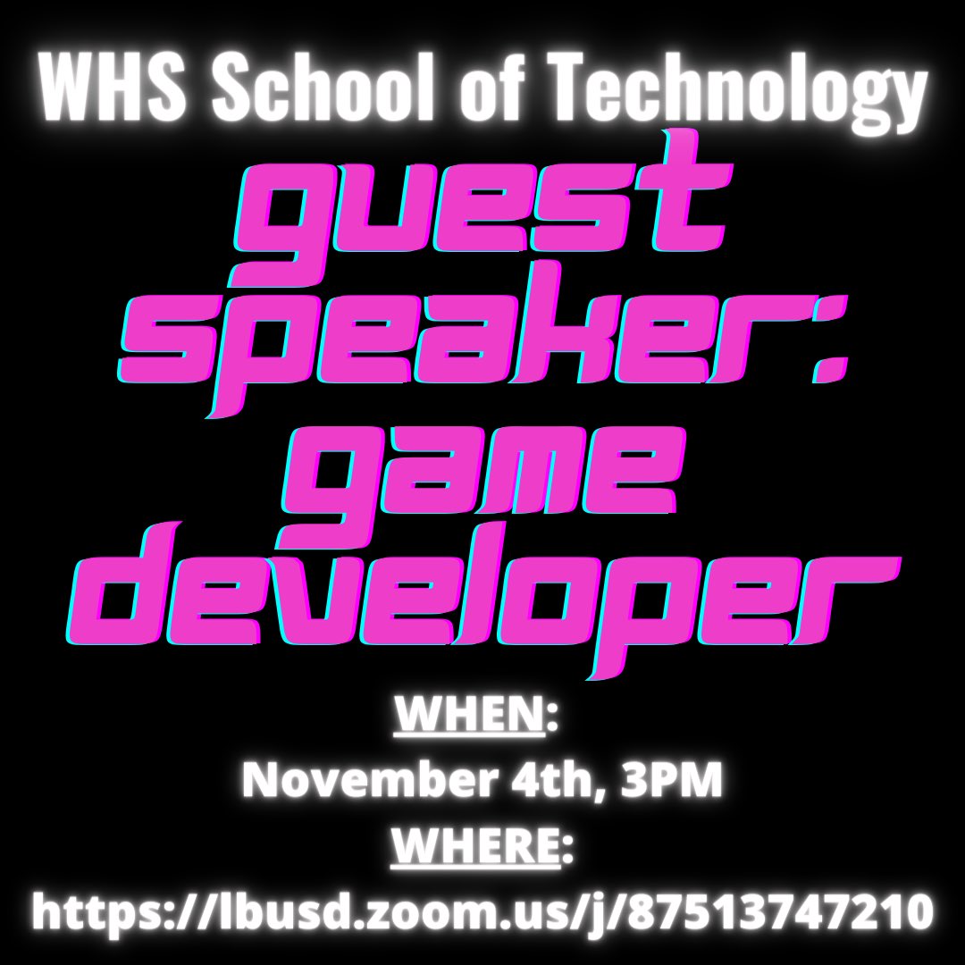 WHSSchoolOfTech's tweet image. 🗣🚨 Interested in video game development? If so, attend our guest speaker panel on November 4th at 3pm on Zoom! Have questions before our guests even “arrive”? Let us know &amp;amp; we’ll make sure your school-appropriate question gets asked! 🚨🕹🎮🖥
#TechUsOut #GDTBAB #proudtobelbusd