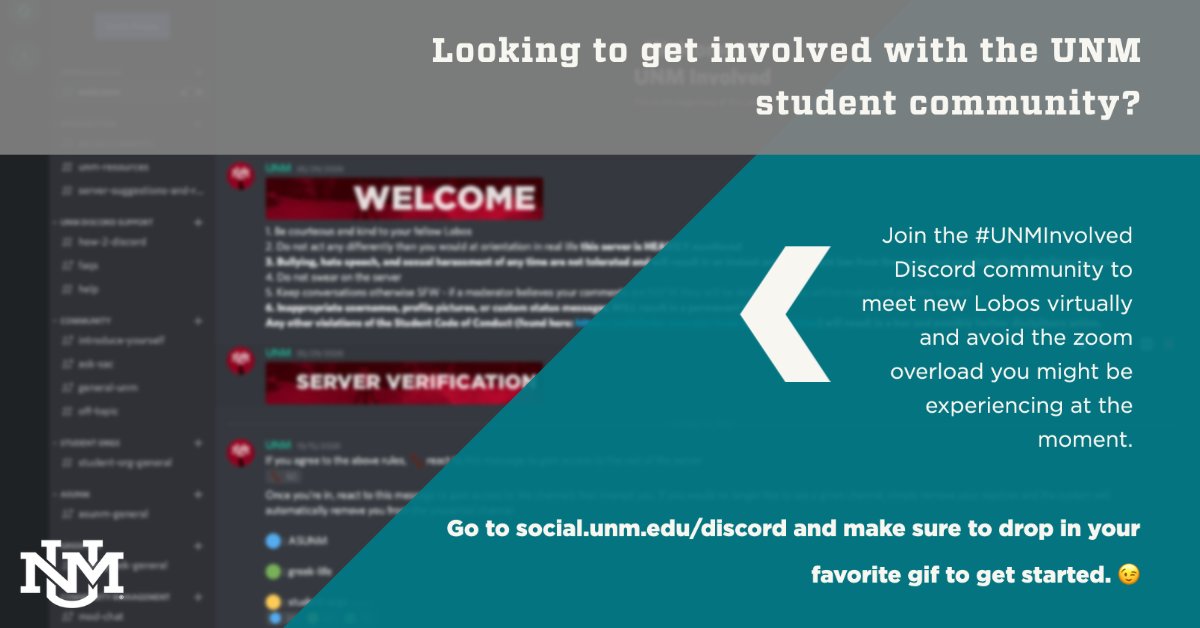 UNM's tweet photo. Looking to make friends and get involved at UNM? The new #UNMInvolved @discord server can help Lobos find community while remaining physically distanced.
Go to โก๏ธ https://t.co/qtU9HWW7z6 to get started. @UNMSAC https://t.co/XOW9AXMX9X