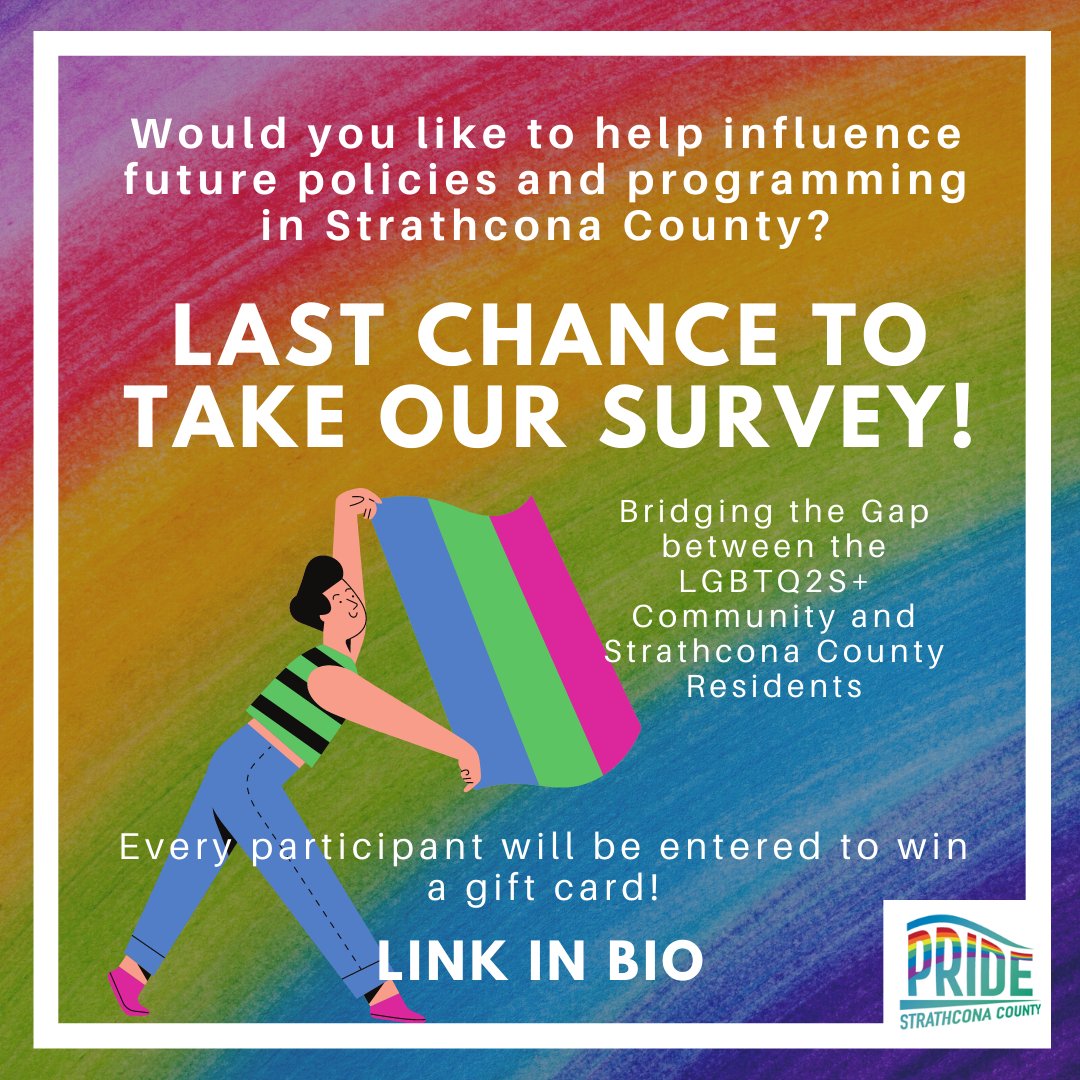 This is your last week to participate, Strathcona County!! We'll be drawing for a $50 Visa gift card for every 100 responses, so the more shares the more chances to win!

surveymonkey.com/r/scpridesurvey