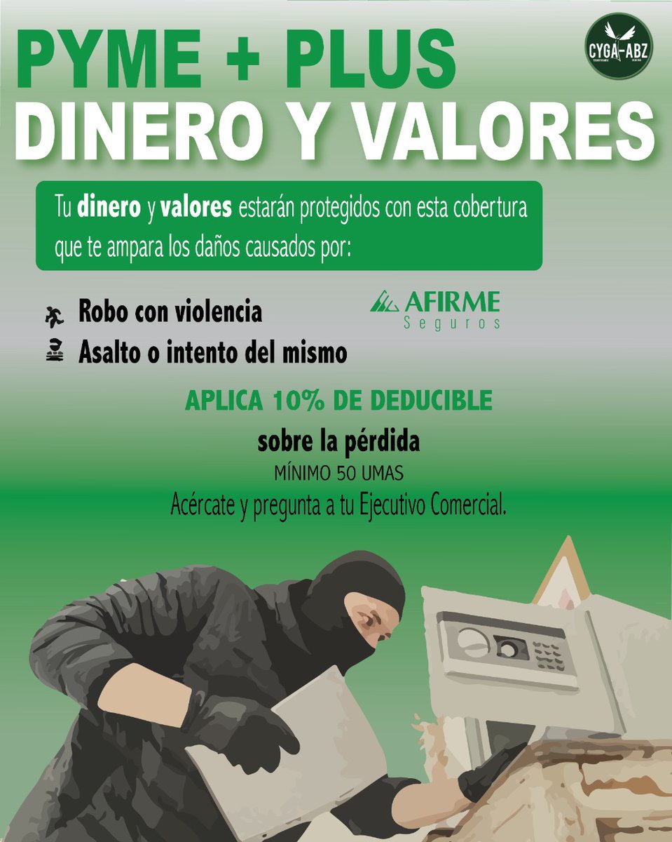 ABZSeguros's tweet photo. Seguro PYME+PLUS
Protegemos tu patrimonio con la Cobertura Dinero y Valores, de Seguros Afirme.

Obtén toda la información con nuestros Agentes de Seguros: 🙋‍♀️info@cyga-abz.com

#seguropyme #dinero #valores #agentesdeseguros #cygaabz #loscolegas #pymes #PymesUnidas #segurosafirme https://t.co/QsoZo7whiO