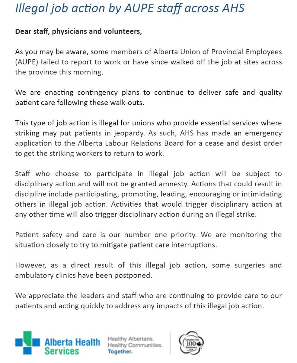 cspotweet's tweet photo. Here's 

A) the AHS memo saying that employees who partake in strike will face disciplinary action;

B) and the response from United Nurses of Alberta.

#yeg #yyc #ableg https://t.co/gemH8WePop