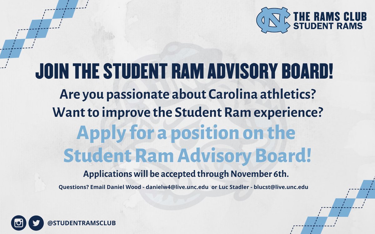 StudentRamsClub's tweet photo. We’re looking for a few passionate Tar Heels to join our board!  Learn more and apply here: https://t.co/QJdRROIUpk https://t.co/NbCvDRddSg