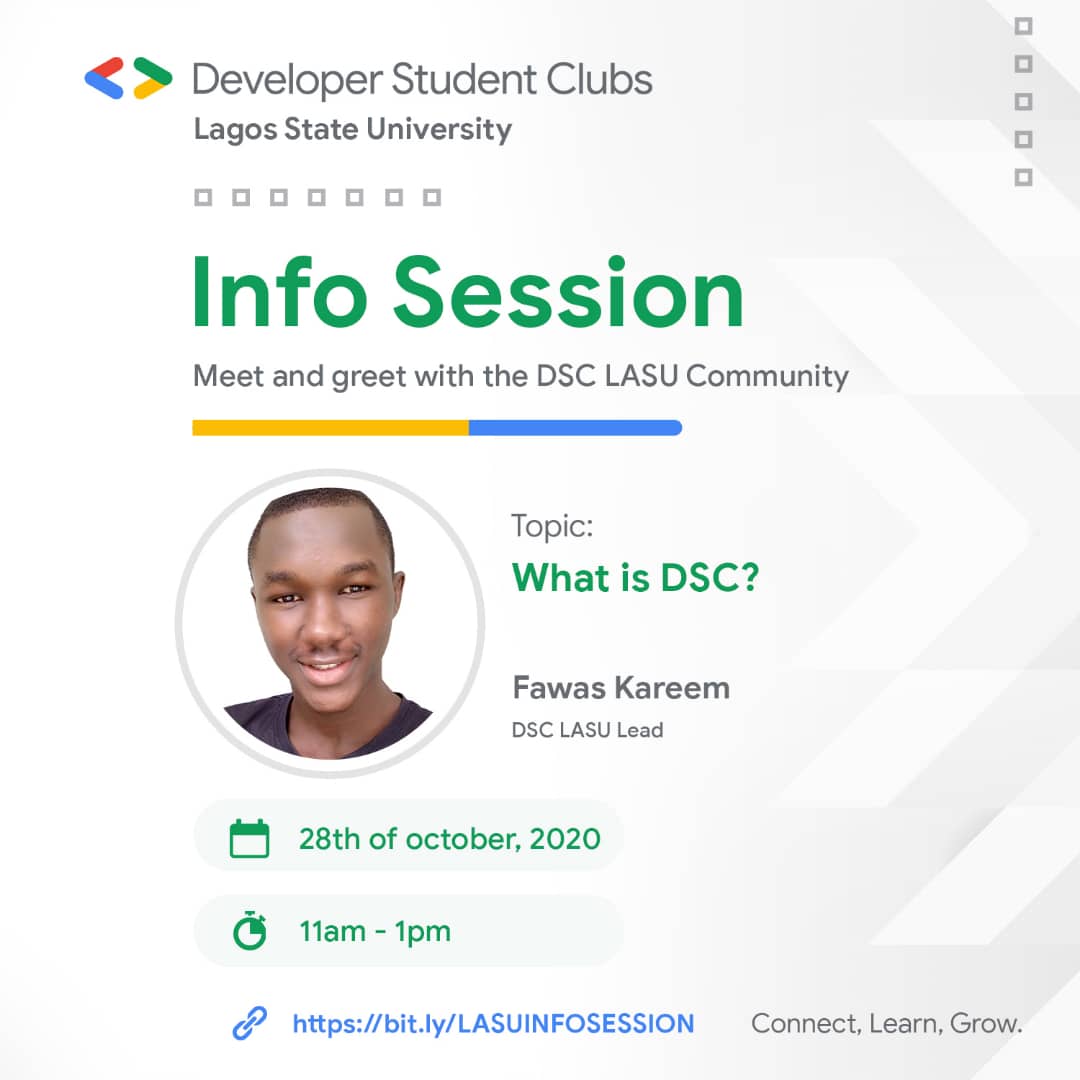 gdgoc_lasu's tweet image. We are excited to announce that a new date has been picked for the @DscLasu Info Session. 
Don&apos;t forget to RSVP if you haven&apos;t.

Date: 28th October 2020
Time: 11am
RSVP: bit.ly/LASUINFOSESSION

We look forward to hosting you.

@fawas_ola @I4gLasu @LASUDevs