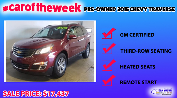 NickDChevyGMC's tweet photo. Our #caroftheweek is a Certified Pre-Owned 2015 Chevy Traverse on sale for $17,437! Some features include the following: GM Certified, Third Row Seating, Heated Seats, and Remote Start! Click below for more info! https://t.co/4CXxn1bbsM https://t.co/sP48OcypSH