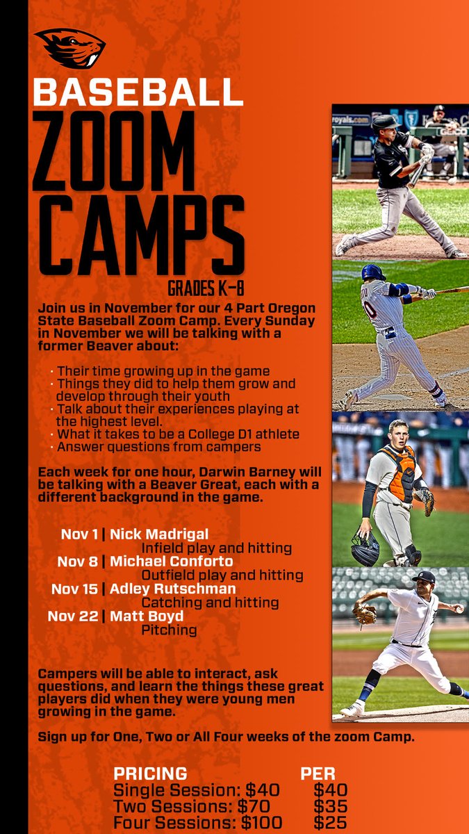 Join me and Darwin Barney this Sunday, November 1st at 3pm PT. 
Sign up: oregonstatebaseballcamp.com