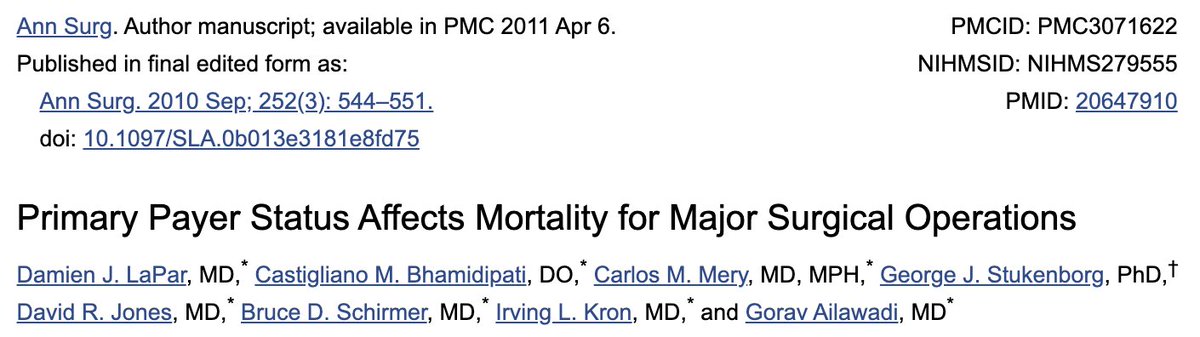  @Avik, for example, made this argument forcefully in 2011 (and it got lots of political traction) based on a paper in  @AnnalsofSurgery. That paper is called "Primary Payer Status *Affects* Mortality for Major Surgical Operations" (emphasis mine): https://www.ncbi.nlm.nih.gov/pmc/articles/PMC3071622/