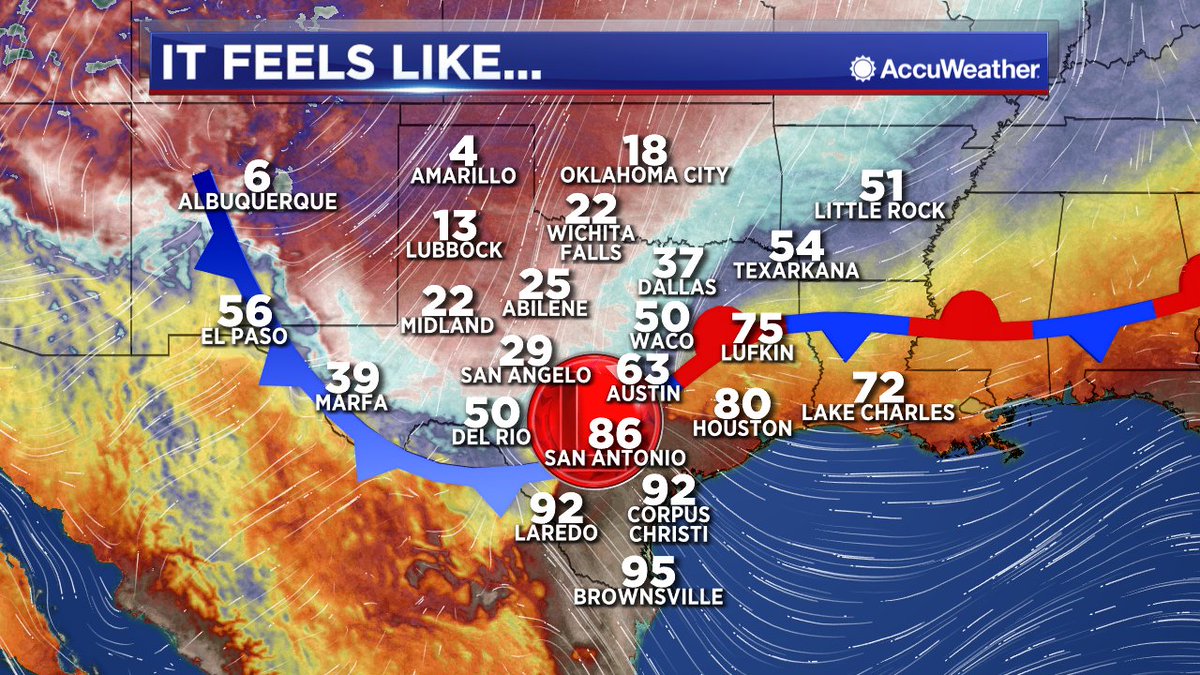 TravisABC13's tweet photo. Well would you look at that.
Current wind chill in Amarillo: 4°.
Current heat index in Brownsville: 95°
#OnlyInTX #txwx
https://t.co/kYz1z4P7gd https://t.co/wyappU95ZJ