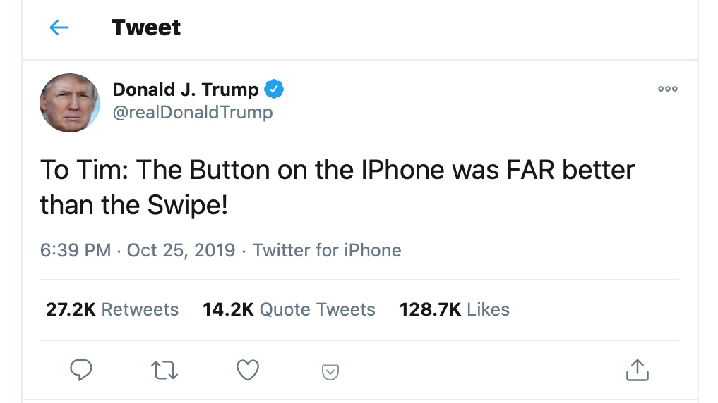 At 6:39pm, he publicly whined to Apple CEO Tim Book about the swipe function on the iPhone.