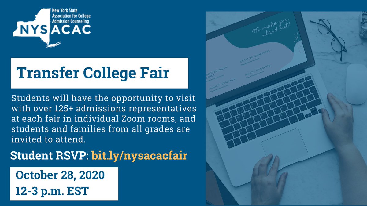 Calling all #CommunityCollege students! Counselors & administrators please share! Join 125+ colleges/universities on 10/28, 12-3 pm for a transfer fair. RSVP: bit.ly/nysacacfair.
#comm_college #endccstigma @transfertweet @NYSTAAOfficial @NETransferAssoc @NACADATransfers