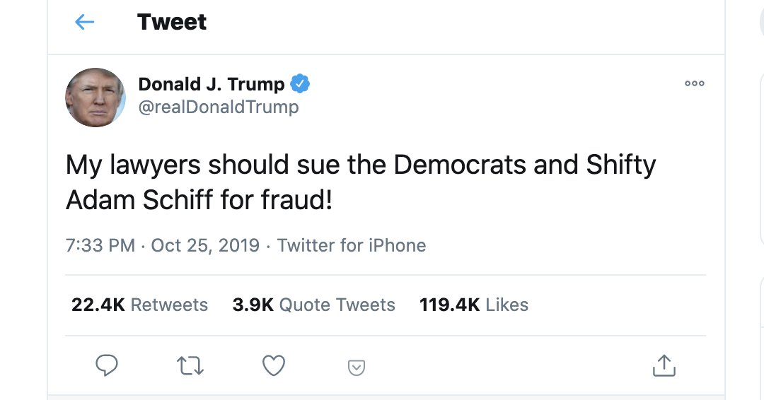 Three minutes later, he publicly calls for his lawyers to sue Rep.  @AdamSchiff.