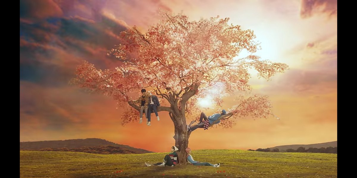 ** and before the Blue Hour mv ends we can see only Beomgyu being the only one remaining on the tree, he is all alone. Just like in the beginning in a sense he was alone since only he was the one awake and aware of the surroundings and situation