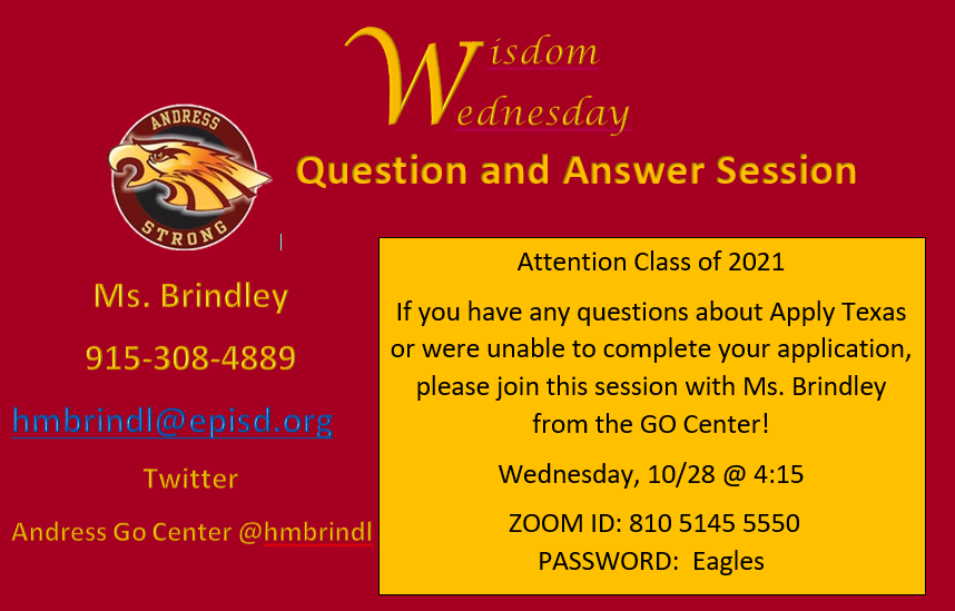 hmbrindl's tweet photo. Wisdom Wednesday -questions about Apply Texas or unable to complete application please join Ms. Brindley from the AHS Go Center https://t.co/JviKg4AT8U