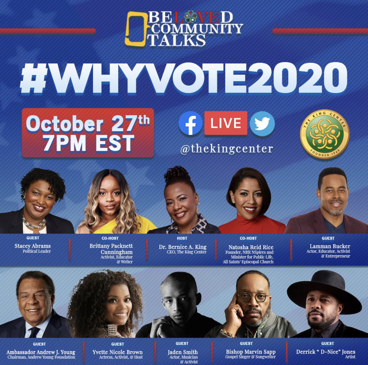 BerniceKing's tweet photo. Mark your calendar. Join me right here, tomorrow at 7pm ET, for #WHYVOTE2020. Invite friends. Host a watch party. Let’s discuss why our #votes matter. With @AmbAndrewYoung @staceyabrams @jaden @MsPackyetti @YNB @natoshareidrice @LammanRucker @marvinsapp and more. #Vote #Vote2020 https://t.co/XYnP7iUalv