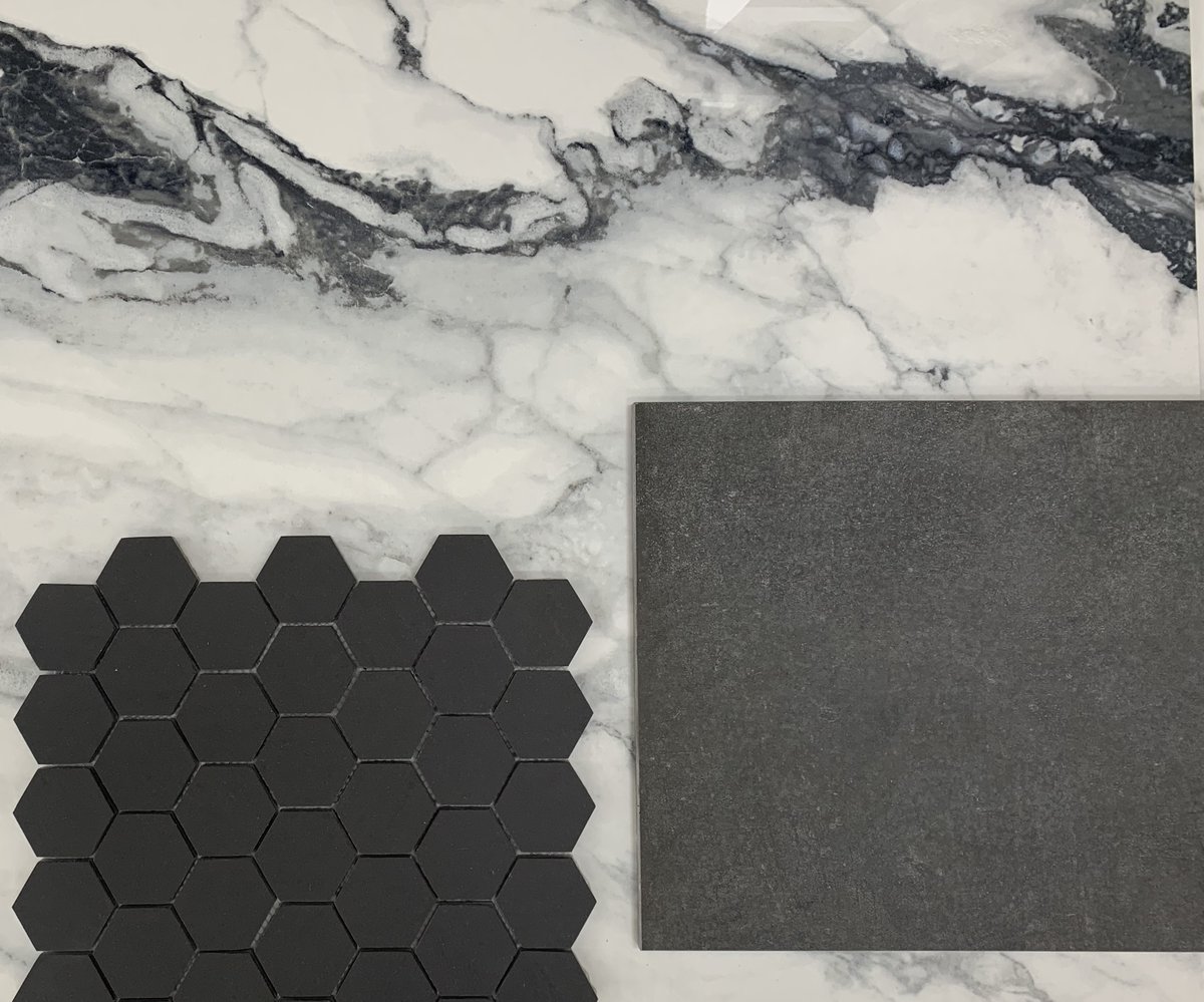 RialtoTX's tweet photo. Our #terrabianca series 24x48 Polished
Combined with:
- Ark Black 12x24
- Double Loading black matte 12x24
- 2x2 square mosaic Double Loading matte
- Hexagon 2x2 mosaic Double Loading matte

#doubleloadedporcelain #flooring #porcelaintiles #designinspiration #tiledistributor https://t.co/TTG9QEdGrG