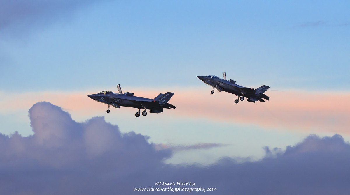 Beautiful skies over @RAF_Marham this afternoon as 2 F35s return to base