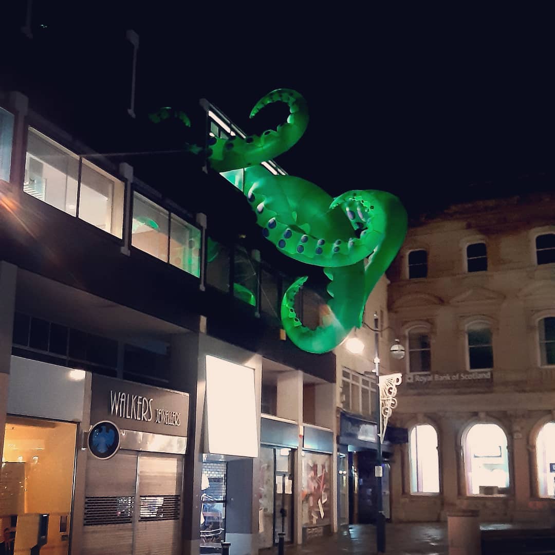HuddersfieldBID's tweet photo. She was a little stubborn but the old girl is here! Here to encourage you into Huddersfield in a socially distanced way to not only support the town but also be in with a chance of winning numerous £100 vouchers whilst celebrating Halloween. Dare you seek it out!? #TentaHudds🐙🎃 https://t.co/tQyGL3CYwj