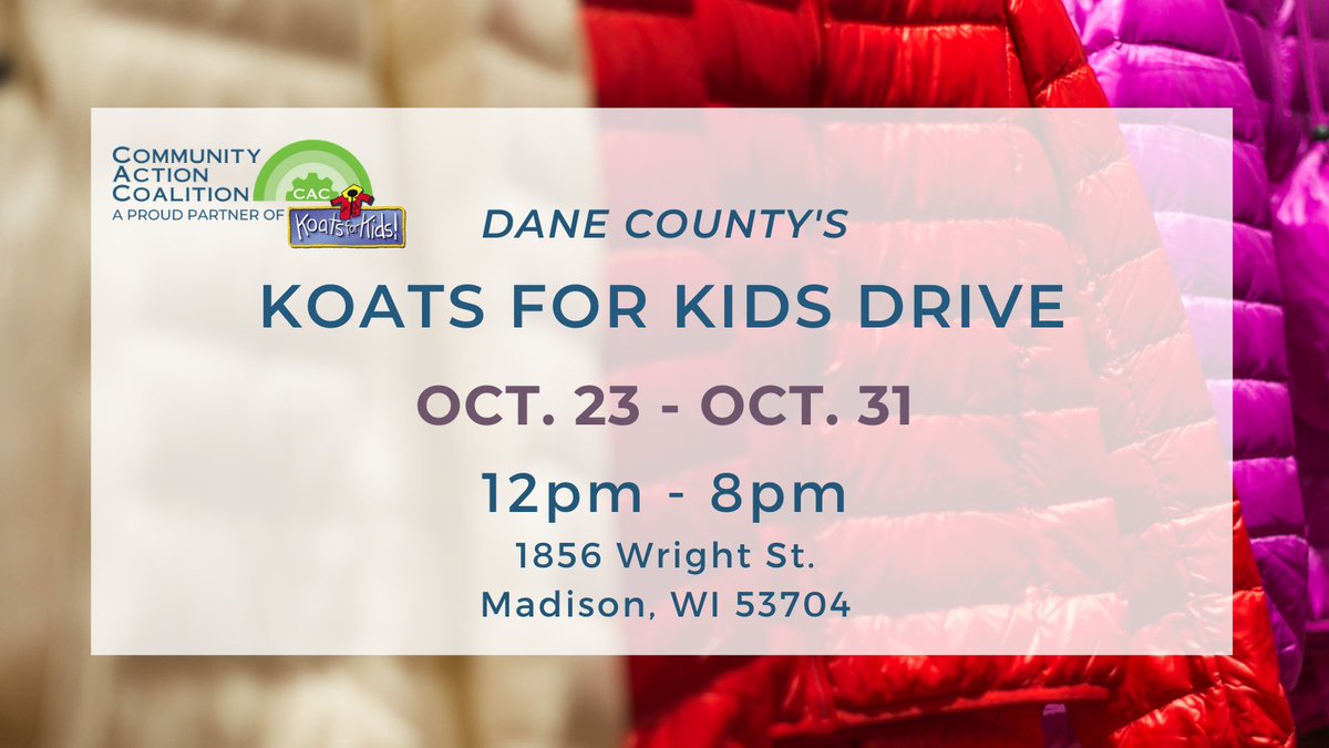 CACSCWI's tweet photo. The Dane County Koats for Kids Drive is LIVE! If you are in need of a winter coat (or other winter accessories), stop by our distribution site between 12pm-8pm, now through Saturday! Questions? Visit https://t.co/PBq0iyRpmW. Jefferson County is next week! See site for details. https://t.co/z4mueM7jrH