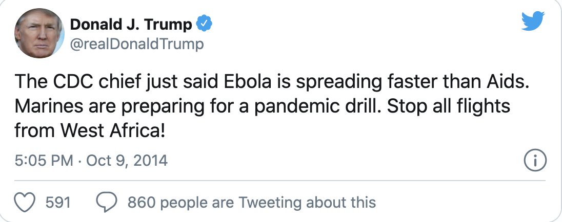 I was curious how much Trump had even talked about pandemics on Twitter--his main comms avenue--before this year. According to the database at  http://thetrumparchive.com , just one time in 2014 and not since then before COVID.