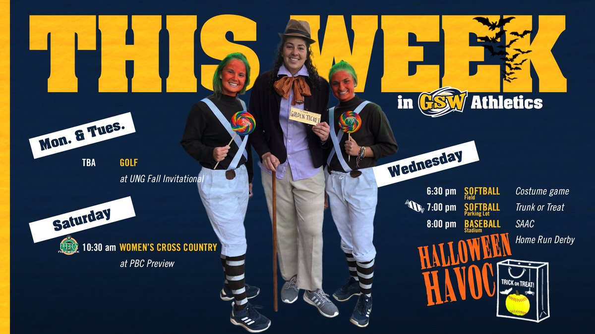 GSWAthletics's tweet photo. Kids of all ages are welcome to attend our 4th annual HALLOWEEN HAVOC at Lady Canes Field on WEDNESDAY!

6:30pm - Baseball &amp; Softball teams play a slow pitch softball game in Halloween costumes

7pm -  Trunk or Treat in the parking lot 🍭🍫🛍️ 

8pm - @SaacGsw HR derby

🎃🌕🦇🧛 https://t.co/rIEfIUnKem